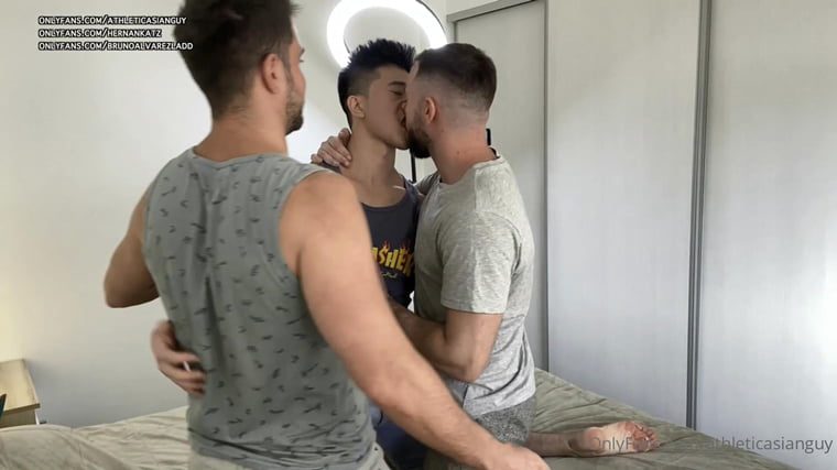Three types of men rubbing and kissing naked